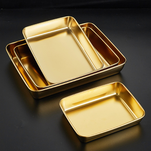 304不锈钢方盘平底金色托盘浅长方形深毛巾盘烤箱烧烤盘蒸饭餐盘