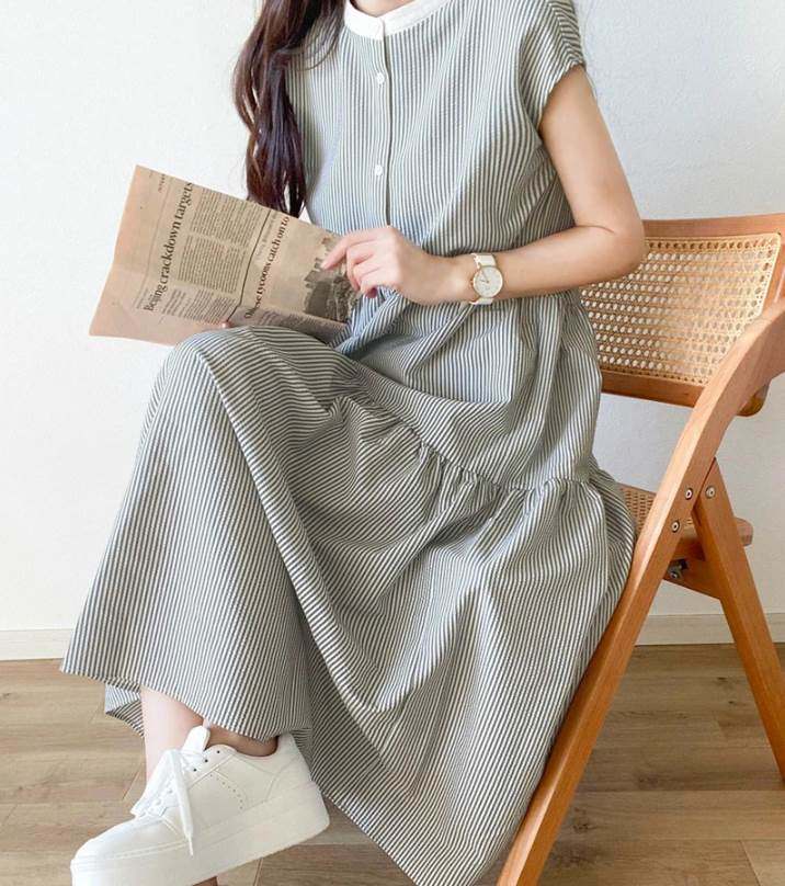 跨境外贸日韩系夏甜美后领系带无袖条纹荷叶边蛋糕裙连衣裙娃娃裙
