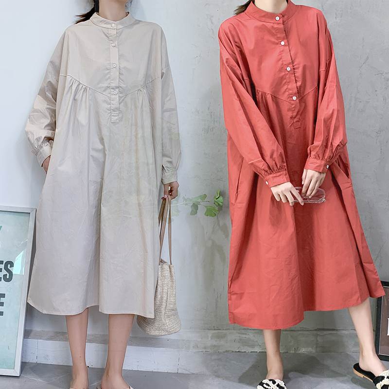 日系外贸春秋新款韩版圆领长袖单排扣长裙宽松显瘦连衣裙女DRESS