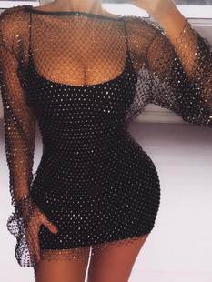 欧洲站ins网红镂空网格渔网洞洞透视亮钻闪亮中长款T恤连衣裙女潮