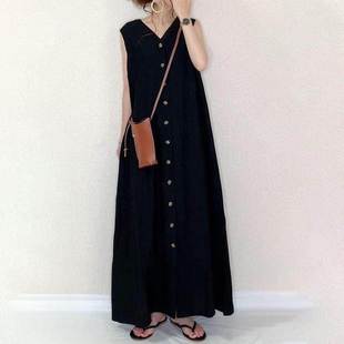 外贸女装日系2023夏季新款无袖文艺韩版宽松百搭长裙V领连衣裙女