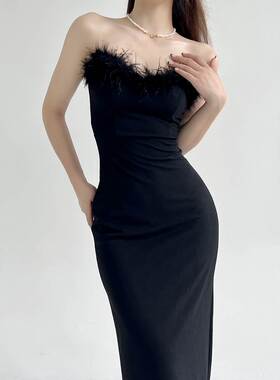 instunning 欧美v领毛毛拼接裹胸连衣裙女辣妹风露背黑色鱼尾长裙