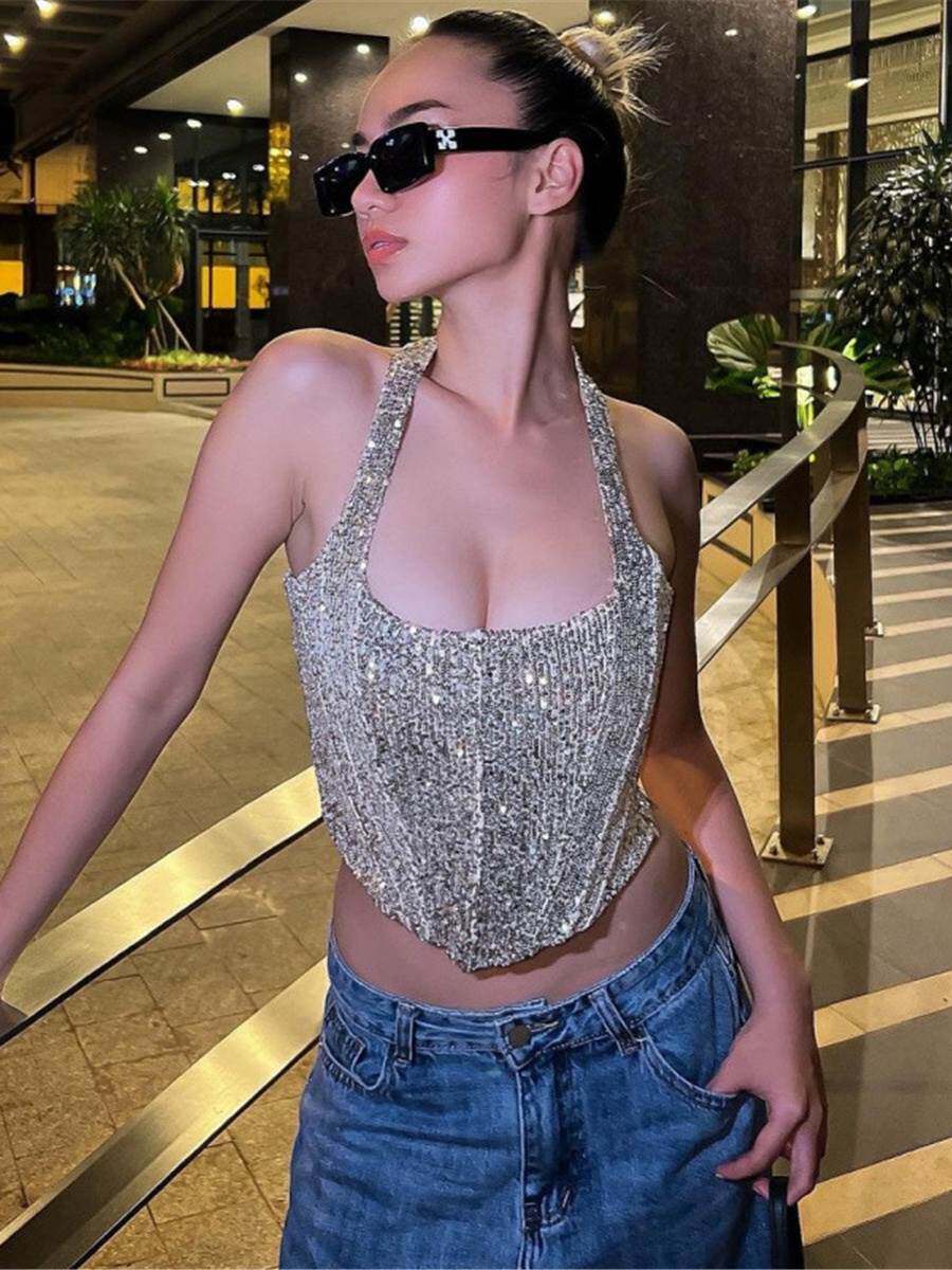 欧美辣妹风亮片闪闪挂脖式吊带背心女外穿蹦迪穿搭不规则短款上衣