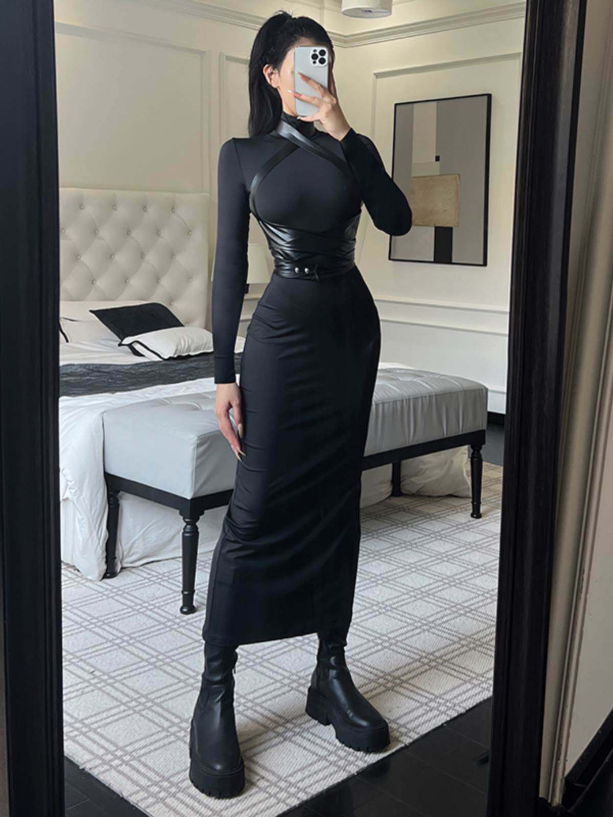 instunning迪丽热巴同款御姐风连衣裙女长袖皮带束腰后开叉长裙子