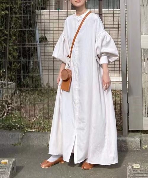 跨境日系宽松超大码泡泡灯笼长袖衬衫裙排扣及踝拖地长裙连衣裙女
