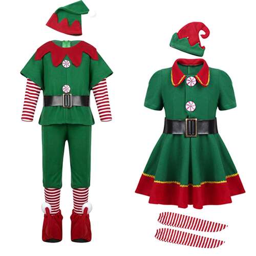 Christmas Santa Claus Costume Green Elf Cosplay Family