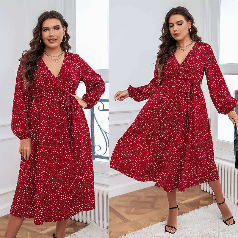 Plus size women Polka dot long sleeve V-neck party red dress