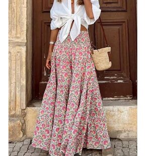 中长款 胖MM波西米亚松紧高腰碎花A字时尚 半身裙沙滩裙潮 女装 大码