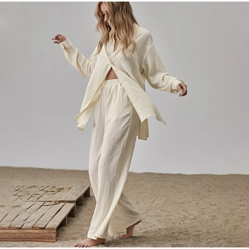 2022wish亚马逊长袖气质通勤肤色亚麻纯色开衩长衫和阔腿裤套装,女装/女士精品,休闲运动套装,淘宝优惠券,粉丝福利购,淘宝优惠卷