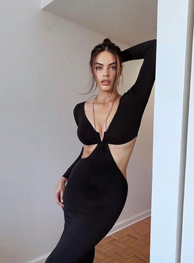 woman clothesins时尚镂空露腰连衣裙中长款欧美风性感v领系带显