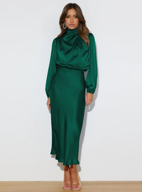 Women High Waist Satin Party Dress法式缎面高腰长袖连衣裙女