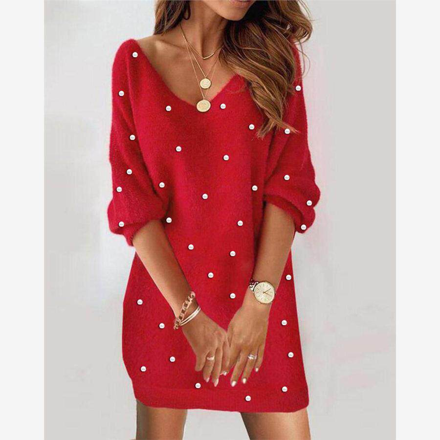 Women Casual Loose Pearl Beaded Dress休闲宽松V领钉珠连衣裙