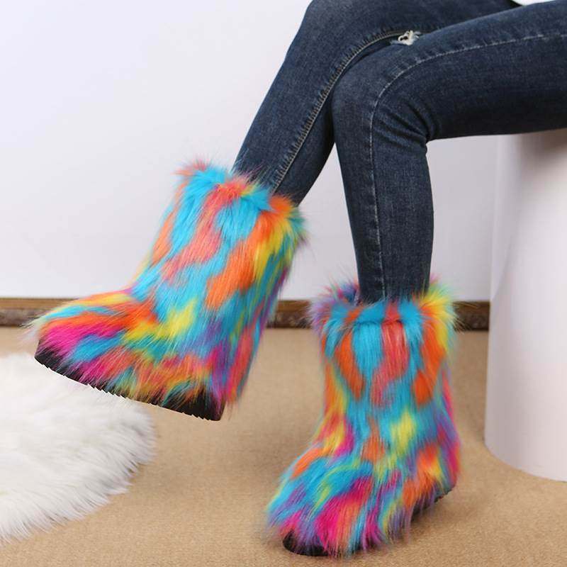 花色长毛绒中筒雪地靴女外贸大码毛毛女靴fur women snow boots