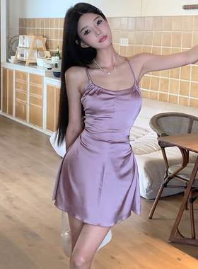 instunning 纯欲紫色连衣裙女简约A摆短裙绑带露背性感缎面吊带裙