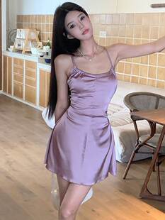 instunning 纯欲紫色连衣裙女简约A摆短裙绑带露背性感缎面吊带裙