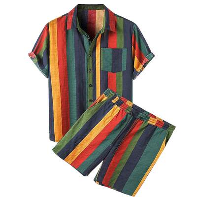 Men's Beach Hawaii Stripe Short Sleeve Shorts Set Two Piece