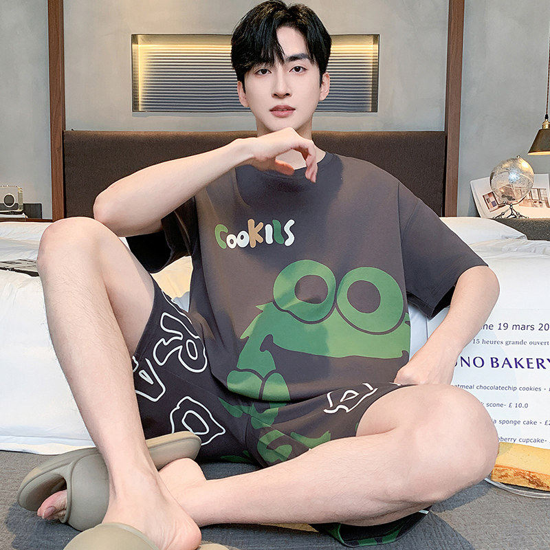 全棉纯棉男士睡衣夏季纯棉薄款短袖男孩大童初中学生青少年大码家
