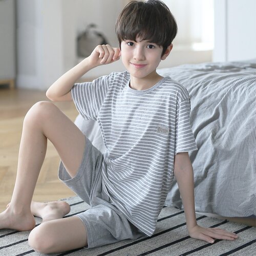 全棉纯棉男童睡衣夏季新款儿童短袖大童青少年纯棉条纹学生家居服