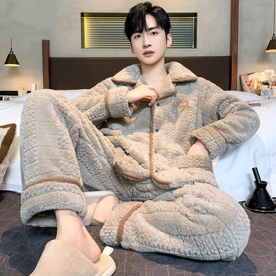 全棉纯棉宽松大码男士珊瑚绒家居服睡衣可外穿法兰绒秋冬加厚加绒