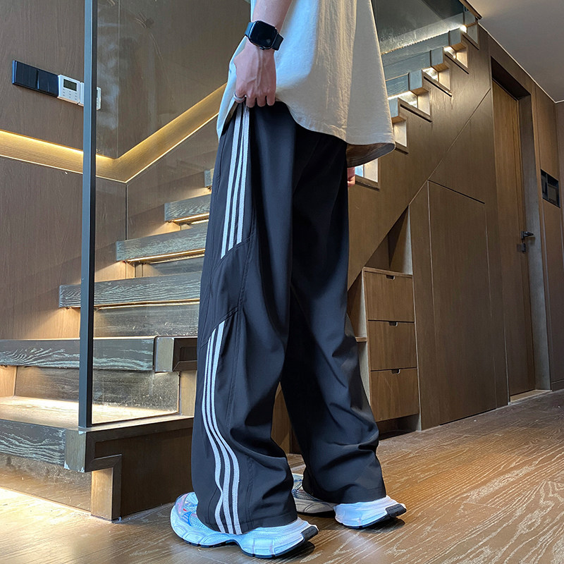 时尚潮牌港风直筒撞色条男士男裤
