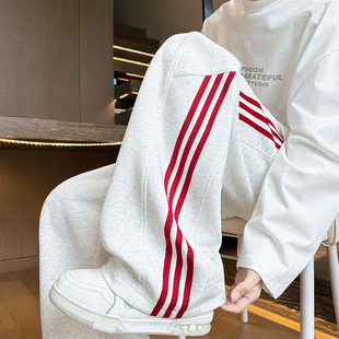 裤子男款秋季新款宽松直筒抗皱休闲裤男士美式风三条杠阔腿裤男裤