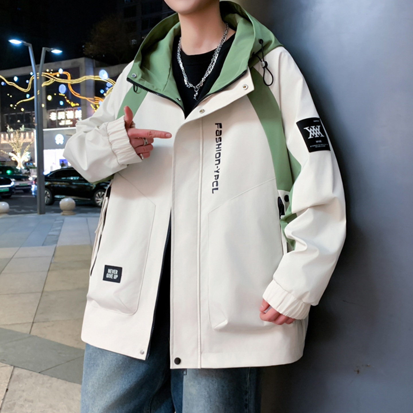 时尚潮牌春秋季宽松撞色连帽夹克