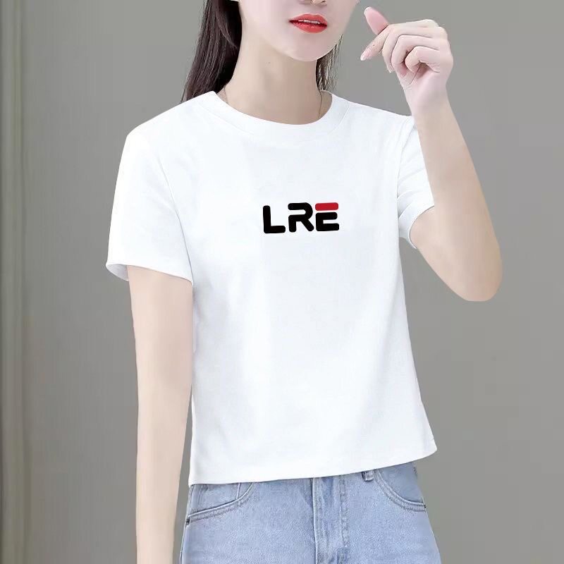 新款95棉宽松圆领时尚短款短袖t恤女百搭夏季透气体恤小个子上衣