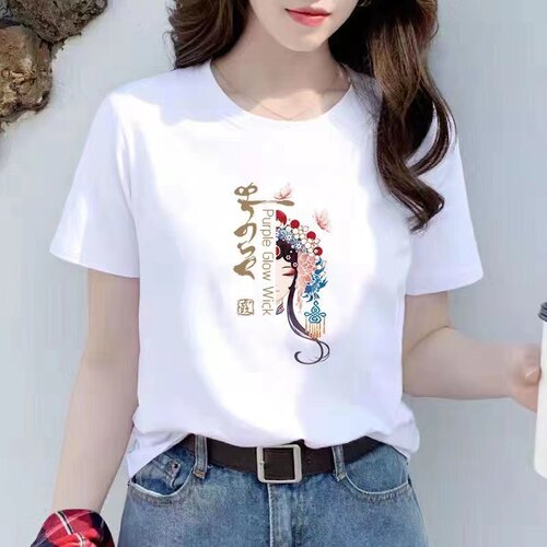 高档白色女短袖T恤宽松印花
