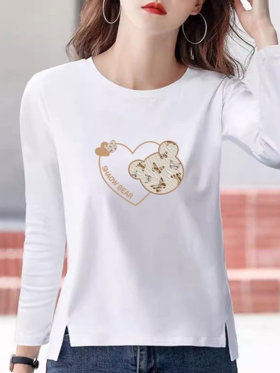 春秋款2025新款韩版精梳棉时尚圆领长袖开叉t恤女上衣显瘦打底衫