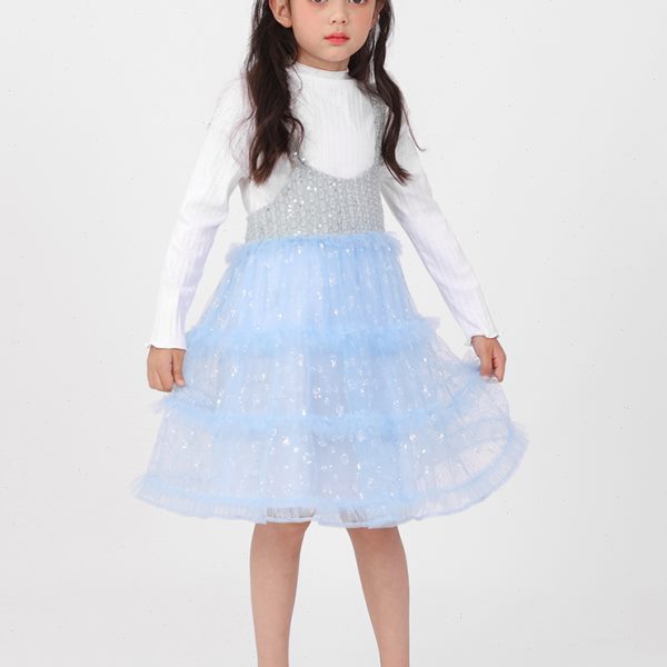 LYNNMILO琳麦罗2024女童吊带裙洋气百搭蓝色石磨牛仔拼接网纱吊带