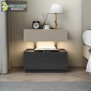 意式极简床头柜现代悬浮实木床边柜加感应灯卧室高级感积木储物柜