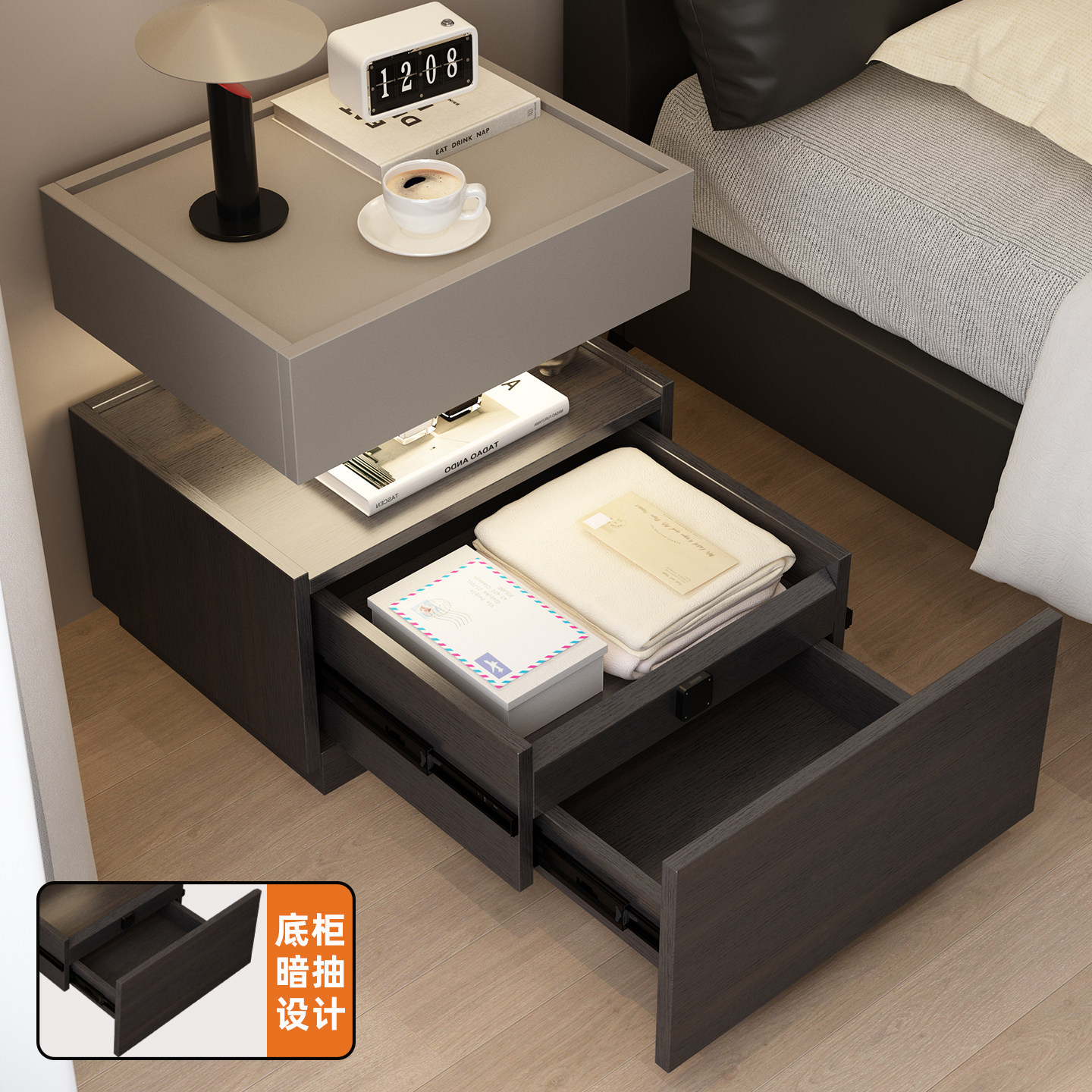 兔宝宝现代极简暗格床头柜悬浮感应灯隐藏小型床边柜抽屉收纳柜