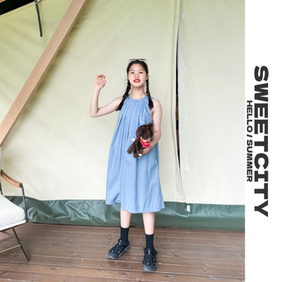 sweetcity独家定制25夏新 韩系女童儿童洋气设计感纯色无袖连衣裙