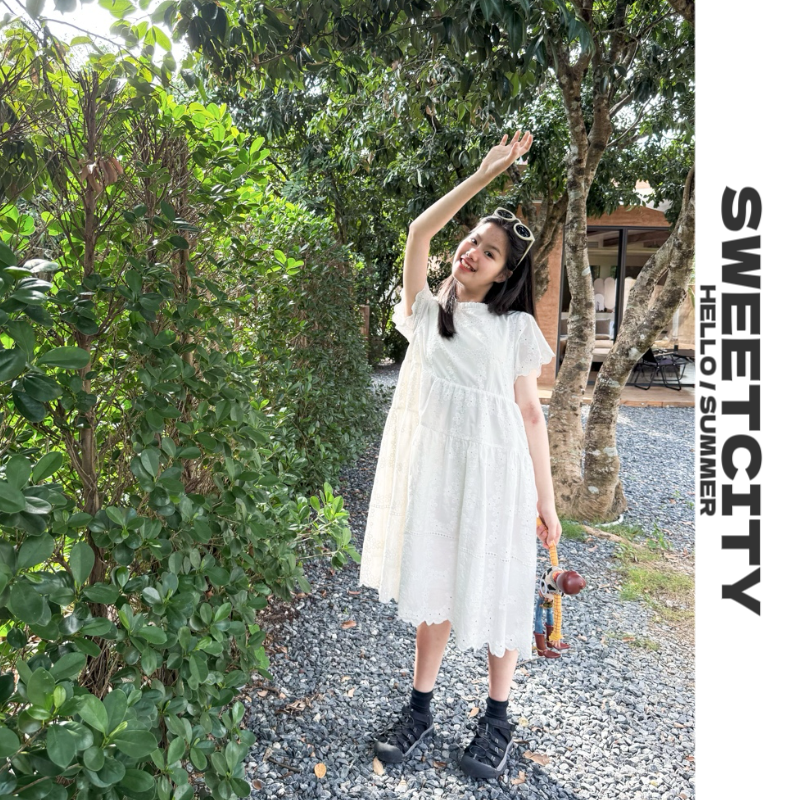 sweetcity独家定制 25夏女童韩系复古风甜美可爱花朵短袖连衣裙
