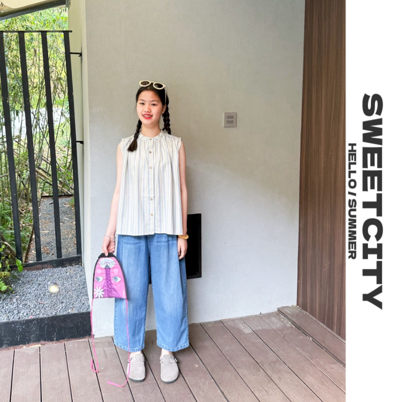 sweetcity定制 夏新韩系百搭洋气女童甜美条纹立领短袖无袖衬衫图片