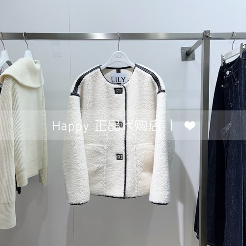 LILY丽丽圆领撞色拼接毛呢外套