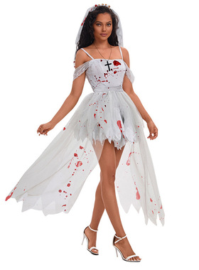 2025年cos鬼新娘亚马逊欧美新款网纱连衣裙夏季性感灰色长裙女装