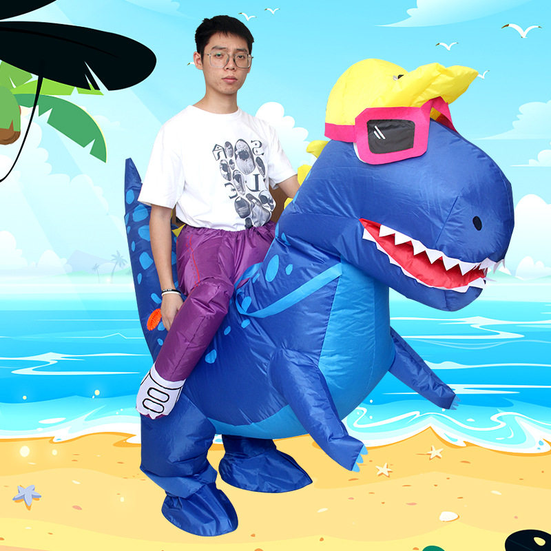 万圣节新品演出搞怪道具服人偶演出服骑行蓝色戴眼镜霸王龙充气服