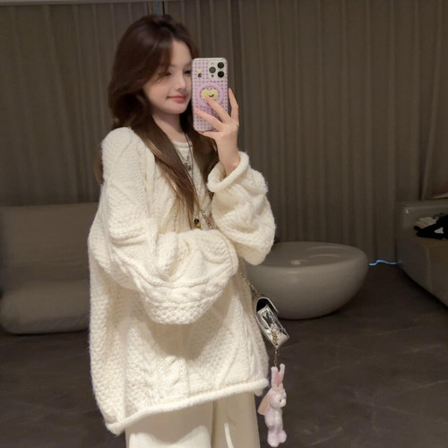 白色麻花针织毛衣女秋冬2025新款韩系宽松巨好看的春秋季一整套装