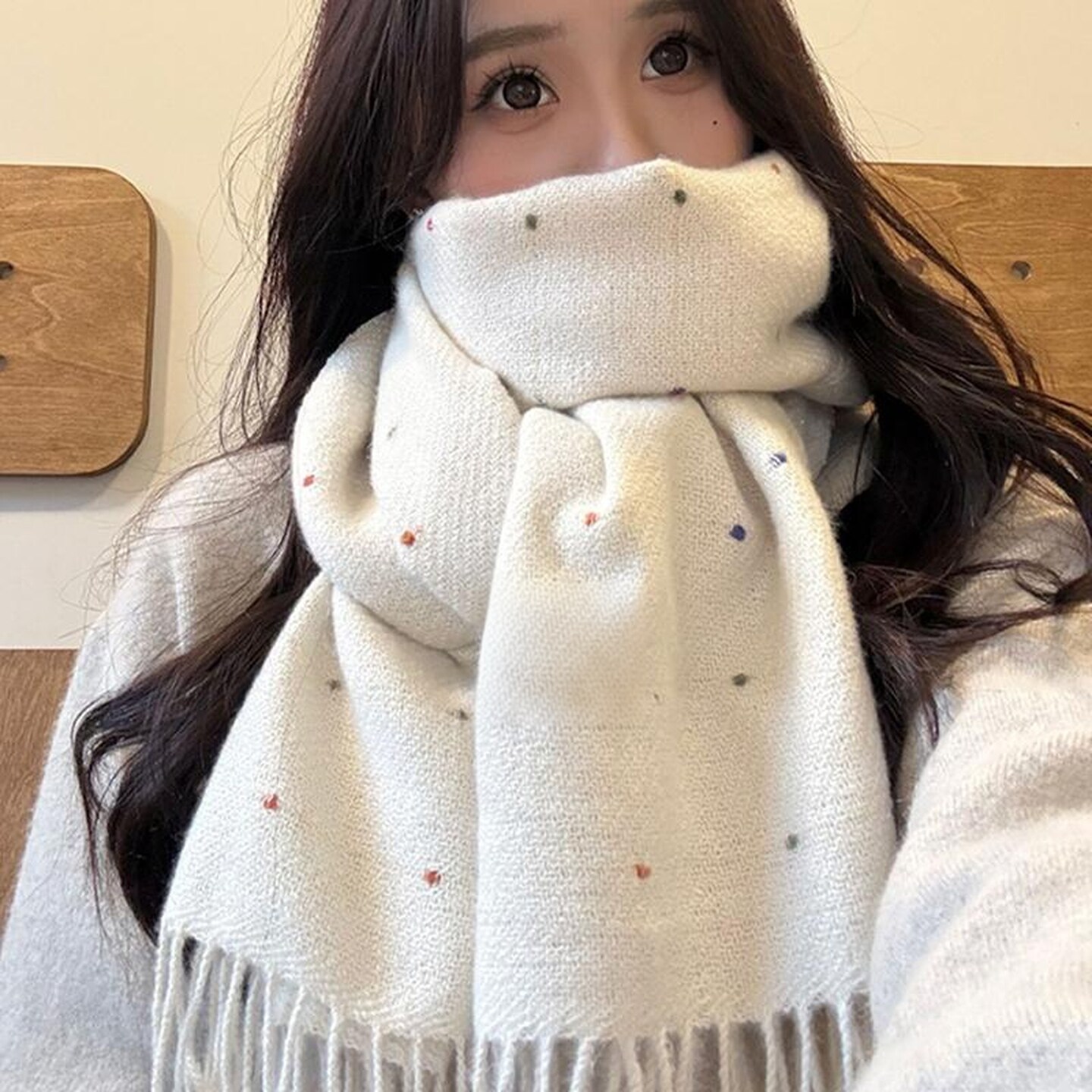 女生围巾韩版彩色点点纯色围巾学生秋冬波点外搭披肩两用百搭围脖
