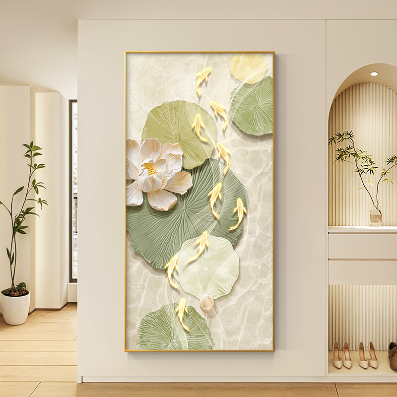 九鱼图荷花立体感玄关装饰画现代高级入户正对门壁画走廊过道挂画图片