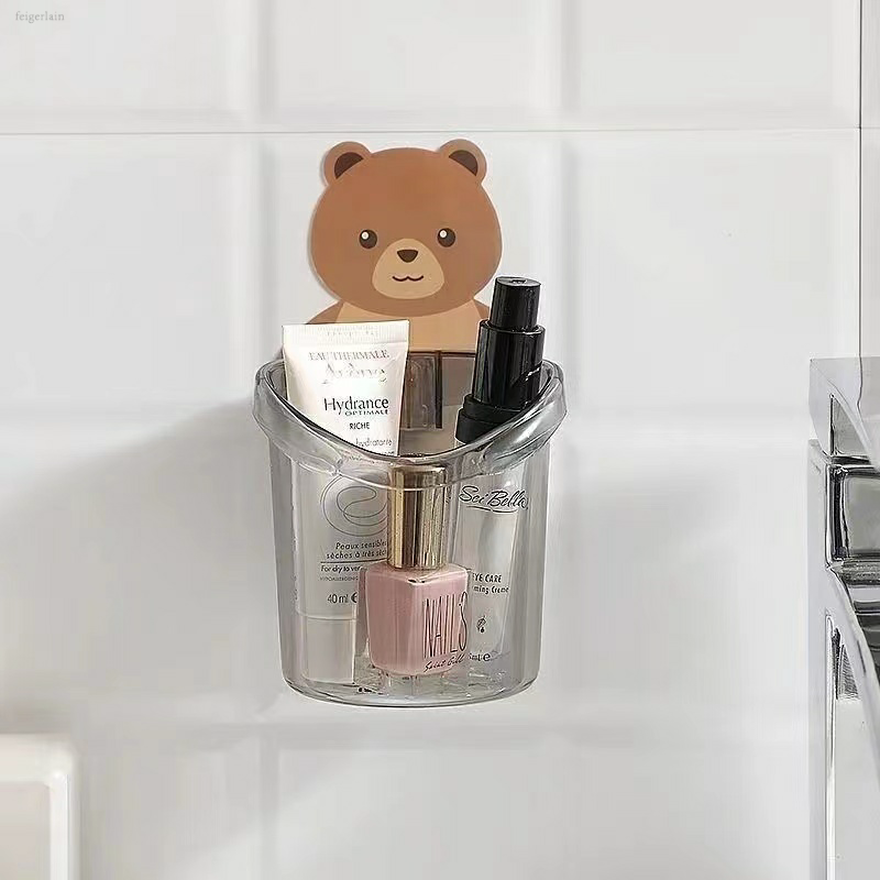 日式壁挂收纳盒梳子收纳筒小熊牙刷架贴墙卫生间沥水杯置物架