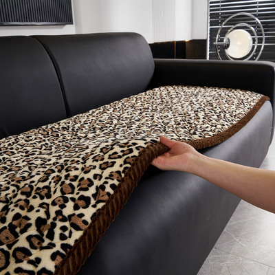 冬季豹纹皮沙发坐垫保暖毛绒秋冬防滑红木沙发垫子办公室真皮沙发