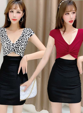 性感白色V领夜店酒吧露肚连衣裙夏工作服夜女装总会显瘦低胸裙子