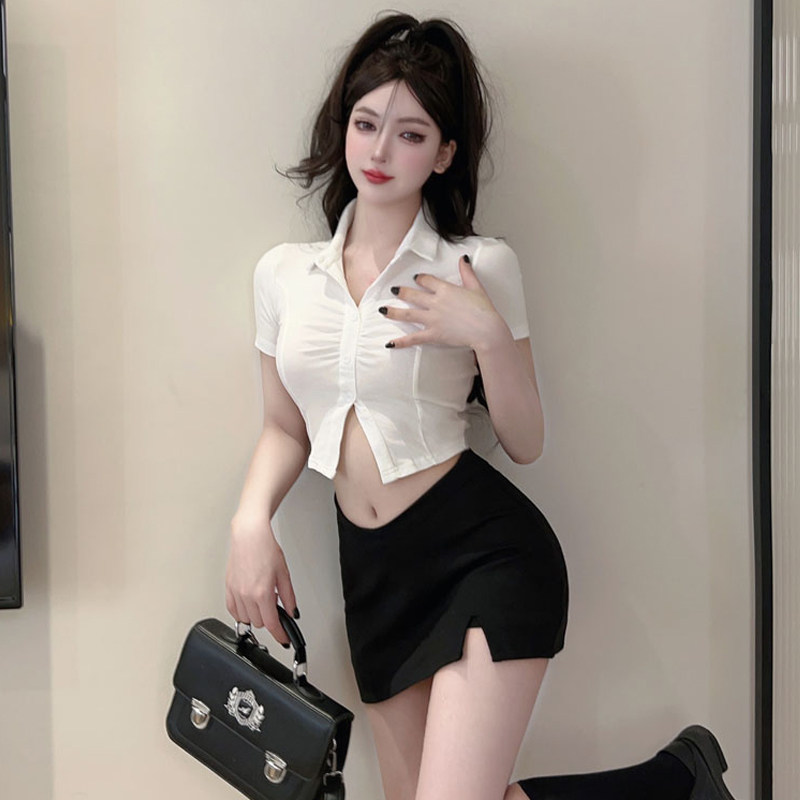 纯欲性感辣妹风Polo领单排扣短款露脐衬衣显瘦包臀开叉半身裙套装