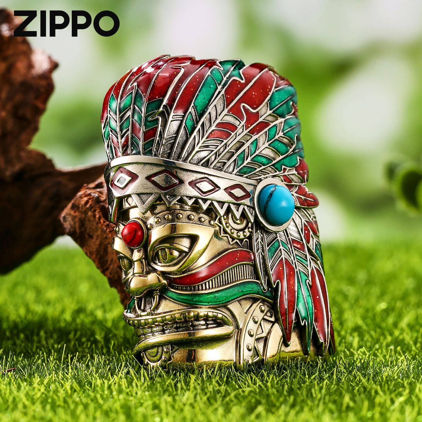 印第安酋长Zippo芝宝防风煤油打火机重盔甲送礼宝石套壳夜光珐琅