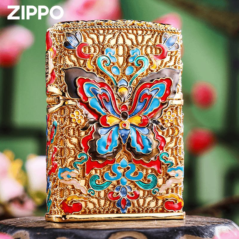 敦煌梦蝶Zippo芝宝重盔甲防风煤油打火机送礼镀金镀银夜光珐琅彩