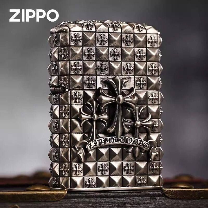 十字花Zippo芝宝古银套壳送礼品重盔甲防风煤油打火机带编号复古