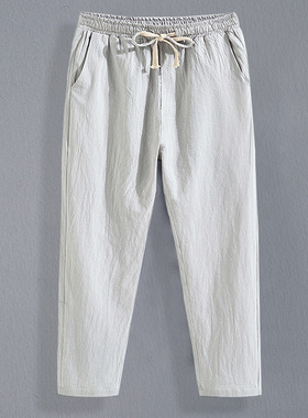 棉麻九分裤男夏季薄款休闲裤大码加肥宽松直筒裤9分哈伦裤亚麻裤