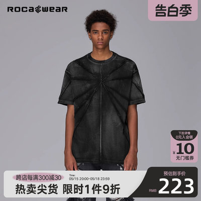 Rocawear美式潮牌重工分割刺绣脏洗短袖T恤宽松半袖重磅280g上衣